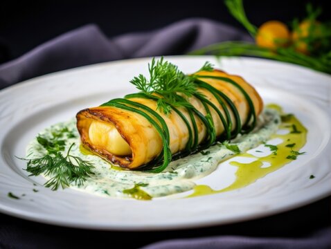 Ika Geso Age (squid tentacles) served on a rectangular plate with dipping sauce and garnished with green onions