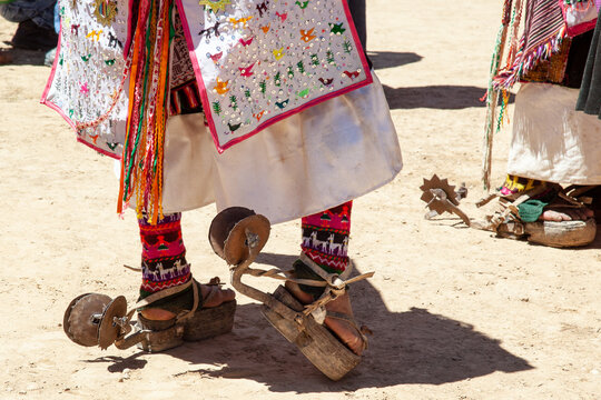 traditional wooden shoes of the dancer at pujillay festival in Tarabuco, Bolivia