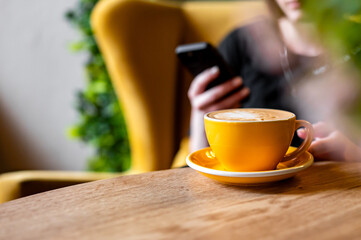 young woman's hands holding mobile smart phone sitting in cafe with cup of cappuccino coffee
