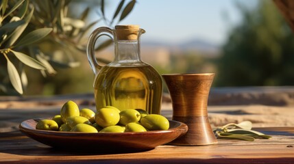 Olive oil of golden color in a transparent jug. Olives in a glass vase