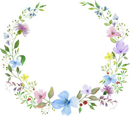Watercolor  wreath with wildflowers, berries.  IHand drawn llustration for greeting, floral postcard and invitations isolated on white background. Vector EPS.