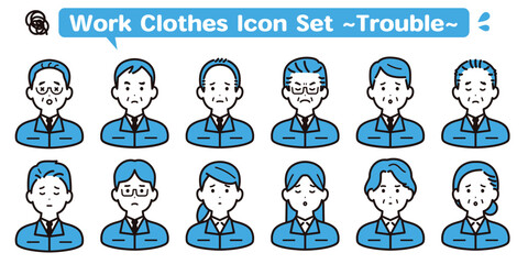 作業着を着た困った表情の人物アイコンセット