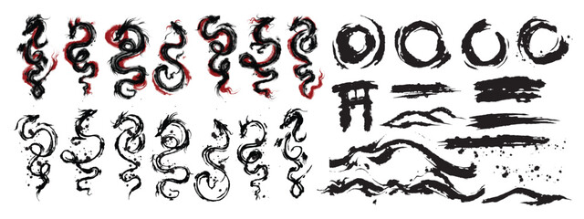Ink Chinese dragon vector brushstroke set Japanese watercolor tribal tattoo oriental calligraphy kit. Abstract snake silhouette stains, vintage zodiac traditional painting collection. Ink dragon