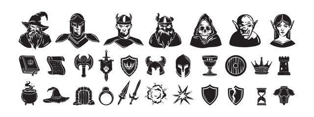 Game fantasy icon vector set, magic dungeon dragon RPG sign, medieval warrior avatar, fairytale sign. Knight battle sword, armour helmet, power weapon, witch hat, potion cauldron. Fantasy icon kit © Oleksandra