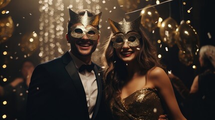 Man and woman in golden masks at a Christmas party in gold color.
