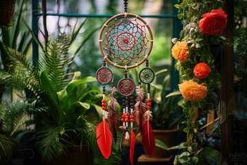 Indian dream catcher in a botanical oasis, mixing colors of nature with the dream catcher
