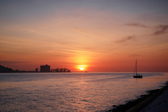 Beautiful sunset on the river Tagus, Lisbon.