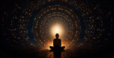 Silhouette of a meditating person in a magical environment, surrounded by circles of golden sparkling energy