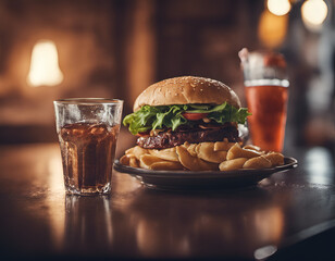 Burger z frytkami i napojem w restauracji  - obrazy, fototapety, plakaty