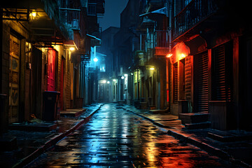Fototapeta premium Back street alley with old city houses in rain at night, Generative AI