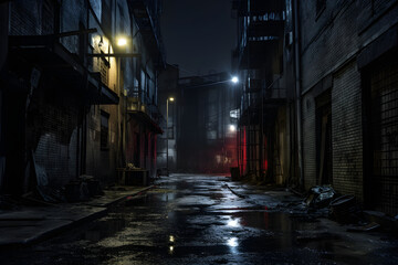 Back street alley with old city houses in rain at night, Generative AI - obrazy, fototapety, plakaty