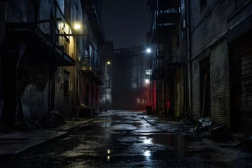 Poster Back street alley with old city houses in rain at night, Generative AI © Teerapat