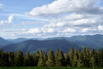 Beautiful mountains landscape with green forest. Carpathians, Ukraine.