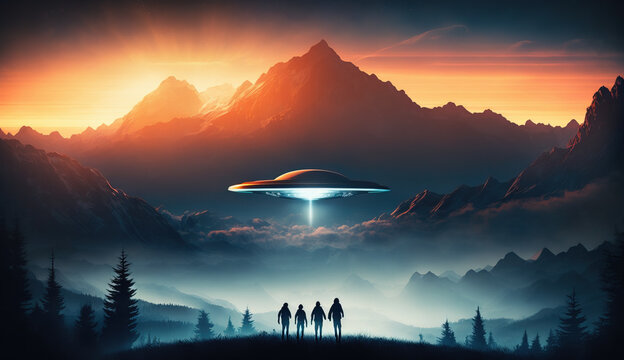 People observing a UFO in a beautiful valley at sunset. Flying saucers over foggy mountains.