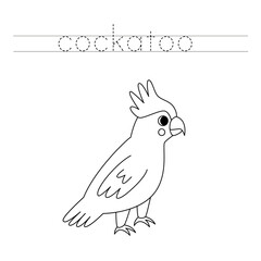 Trace the letters and color cartoon cockatoo. Handwriting practice for kids.