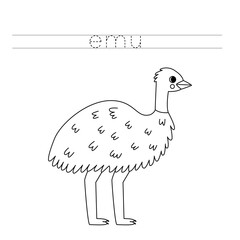 Trace the letters and color cartoon emu. Handwriting practice for kids.