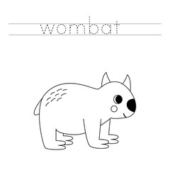 Trace the letters and color cartoon wombat. Handwriting practice for kids.
