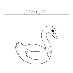 Trace the letters and color cartoon swan. Handwriting practice for kids.