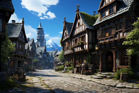 Medieval village background environment for computer mobile game generative AI picture