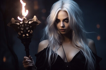 Image of seductive attractive witch at mystical halloween night generative AI