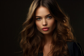 Fototapeta premium Generative Ai portrait of young pretty woman natural beauty brown volume hairstyle on background