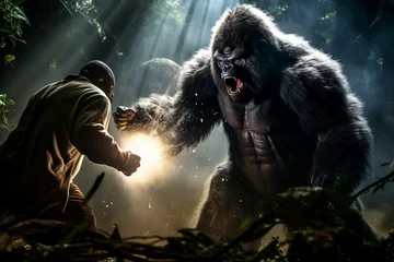 Foto op Plexiglas Generative ai collage photo of aggressive beast giant gorilla king kong using magic in fight © Tetiana