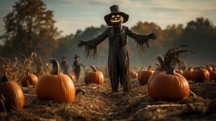 Scary scarecrow figure with a carved pumpkin head stands amidst a field of vibrant orange pumpkins, creating an eerie and festive autumn scene. Spooky Halloween on pumpkin patch.
