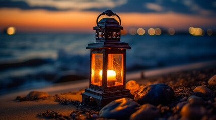 A photo of a traditional lantern placed on the beach sand at dusk. The faint lantern light illuminates the beach sand creating a gloomy and romantic atmosphere. - obrazy, fototapety, plakaty