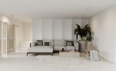 3d rendering of modern living room with grey sofa and palms in pots,coffee table, decorative wall with embossed panels, round carpet on concret floor. Frame mockup
