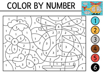 Vector transportation color by number activity with helicopter flying in the sky. Air transport scene. Black and white counting game with chopper. Coloring page for kids with aircraft .