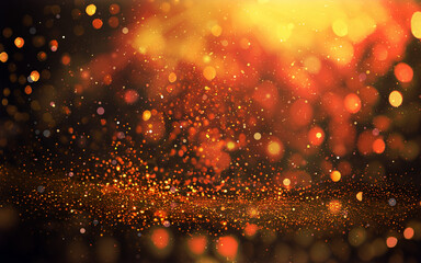 Dark Gold glitter lights show on stage with bokeh elegant lens flare abstract background. Dust sparks background. - 649353551