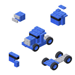 Concept with a blue truck in isometric style for print and design.Vector illustration.