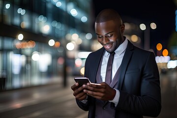 African businessman in a formal suit with a smartphone in night time. On the background of the street of the business district of the city. Online monitoring of stock reports.