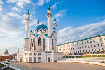 Fototapeta na wymiar The main attraction of the city of Kazan. Kul Sharif Mosque on the background of a beautiful sky. Kremlin. Kazan City, Republic of Tatarstan, Russia, September 2023