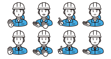 ヘルメットと作業着を着て案内をする男性と女性のアイコン素材