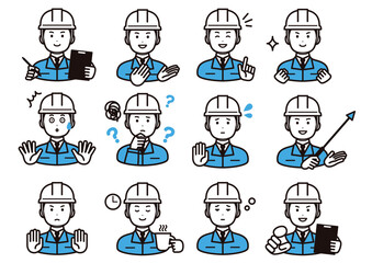 ヘルメットと作業着を着た男性の様々な表情のアイコン素材