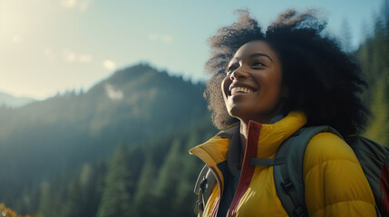 Joyful young African American woman hiking in nature, exuding vitality and laughter, embracing the beauty of the outdoors, mountains and forest in the background. - obrazy, fototapety, plakaty