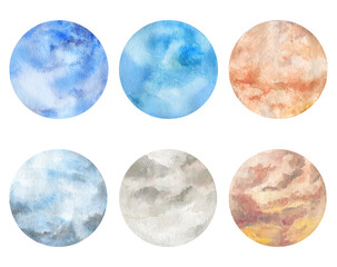 Hand painted watercolor sky and clouds. Abstract background drawn in a circle.