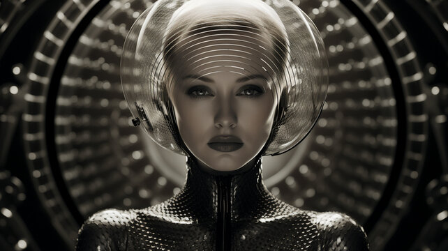 1950's Atomic age portrait of model as astronaut wearing sci-fi style space suit and helmet in preparation for experimental interstellar travel to the moon and beyond.	