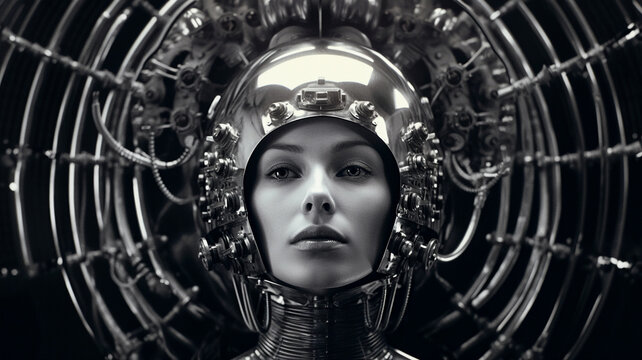 1950's Atomic age portrait of model as astronaut wearing sci-fi style space suit and helmet in preparation for experimental interstellar travel to the moon and beyond.	