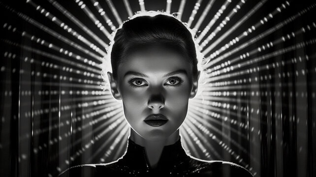 1950's Atomic age portrait of model as astronaut wearing sci-fi style space suit and helmet in preparation for experimental interstellar travel to the moon and beyond.	