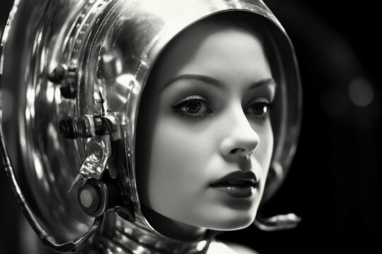 1950's Atomic age portrait of model as astronaut wearing sci-fi style space suit and helmet in preparation for experimental interstellar travel to the moon and beyond.	