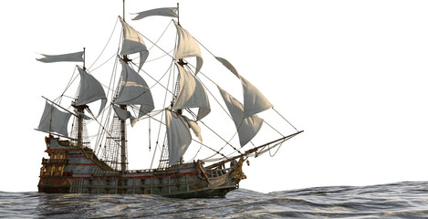 historical sailing ship on the ocean without background 3d rendering isolated