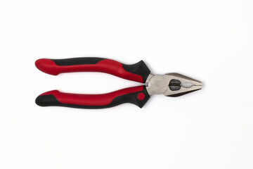 Closed wire cutting pliers, white background.