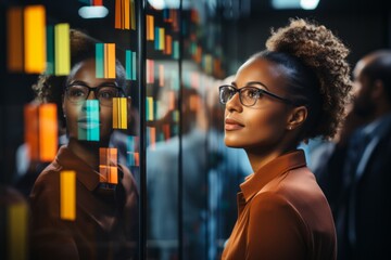 head manager lead brainstorm ideas sharing standing concentrate make a decision for strategy new project hand write short note paper sticky note on glass ideas wall board in modern office