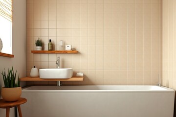 Fototapeta na wymiar Cream light ceramic wall chequered and floor tiles mosaic background in bathroom | Generative AI
