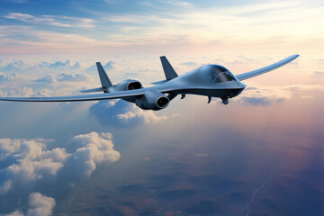 Unmanned military drone flies in the sky , combat strike drone, aerial attack