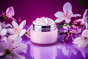Obraz na płótnie Canvas Pot de crème pour soins esthétiques, présentation avec fleurs