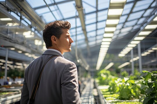 businessman formal suit standing focus concentrate looking in indoor hydroponic agriculture farm with vision and thinkful strategy and development gardening concept