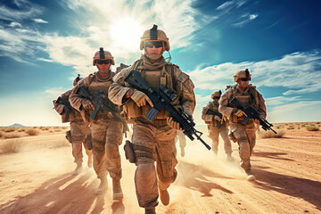 Team of United states airborne infantry men with weapons moving patrolling desert storm. Sand, blue sky on background of squad, sunlight, front view